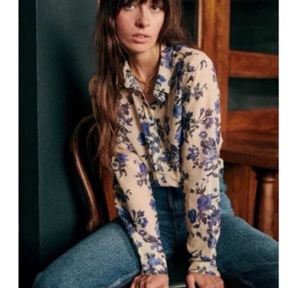 Sezane Pierro Blue and Cream Cuffed Sleeve Button Down Blouse
